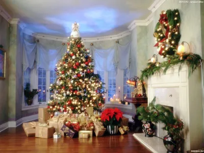 Новогодняя елка с подарками у камина: новогодние обои, картинки, фото  1600x1200
