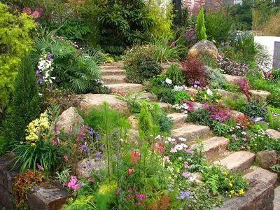 Альпинарий (альпийская горка) из камней и цветов, с прудом. Оформление  альпийской горки на даче, участке или в саду