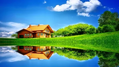Картинка на рабочий стол лето, дом, луг, озеро, природа, небо, облака 2560  x 1440
