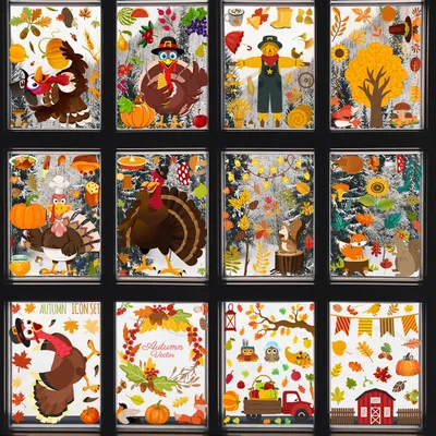 Оконные наклейки на День Благодарения, листья, осень, украшение для окна,  для дома, фотоальбом, 8 листов, Осеннее окно, клеится, гном, статическое  Приклеивание | AliExpress