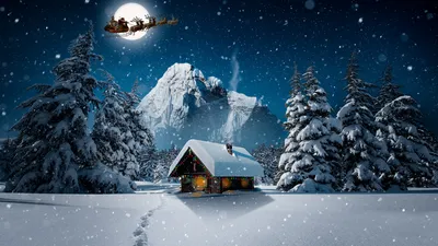 Картинка на рабочий стол рождество, новый год, зима, снег, избушка, дед  мороз 1366 x 768