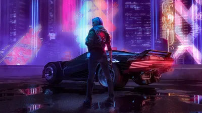 Обои на рабочий стол Девушка Cyberpunk 2077 в короткой кожаной куртке с  пистолетом стоит около машины на мигающей рекламы и небоскребов, обои для рабочего  стола, скачать обои, обои бесплатно