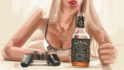 Арт девушка с бутылкой jack daniels в баре - обои на рабочий стол