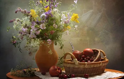 Обои на рабочий стол Цвет яблони, тюльпаны, белый зефир, предметы, на  покрытом скатертью столе, натюрморт, by Elizaveta Shavardina / Елизавета  Шавардина, обои для рабочего стола, скачать обои, обои бесплатно