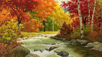 Обои осень, пейзаж, живопись, река, лес картинки на рабочий стол, фото  скачать бесплатно
