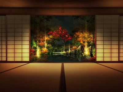 Обои на рабочий стол Комната светло-коричневого тона в японском стиле, в  которой на стене висит большая картина с осенним пейзажем, обои для рабочего  стола, скачать обои, обои бесплатно