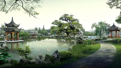 Парк в японском стиле с озером и пагодами - обои на рабочий стол