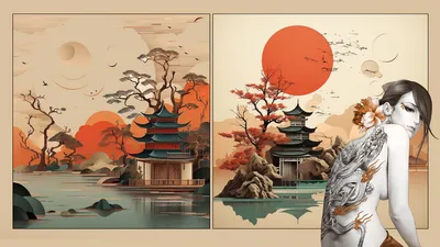 Обои на рабочий стол Девушка с татуировкой дракона на фоне картин в японском  стиле, обои для рабочего стола, скачать обои, обои бесплатно