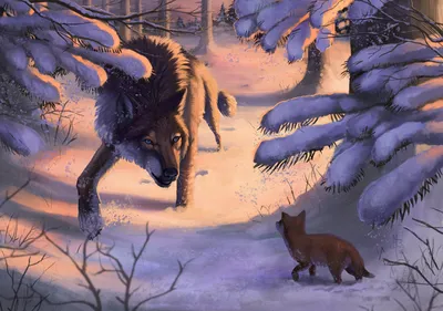 Обои на рабочий стол Волк и волчонок в зимнем лесу, by wolf-minori, обои  для рабочего стола, скачать обои, обои бесплатно
