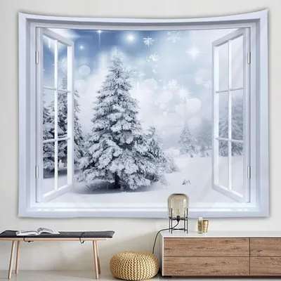 Купить Зимний оконный пейзаж Снежный настенный гобелен Рождественская настенная  елка настенная великолепная рождественская елка камин подарки | Joom