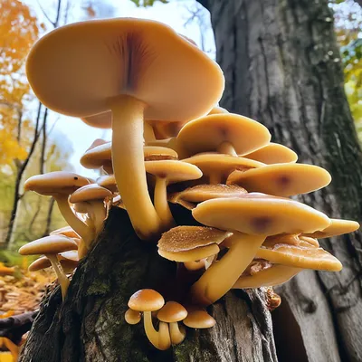 Осенние грибы опята на дереве. …» — создано в Шедевруме