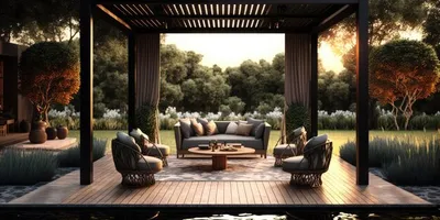 дом патио с видом на двор с газоном и деревянным и металлическим забором  Стоковое Фото - изображение насчитывающей сад, просторно: 224108796