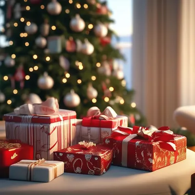 Новогодние подарки лежат под елкой. Заснеженная елка в белых и серебряных  тонах foto de Stock | Adobe Stock