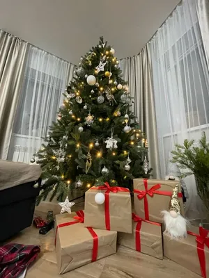 Новогодние подарки лежат под елкой. Заснеженная елка в белых и серебряных  тонах Stock Photo | Adobe Stock