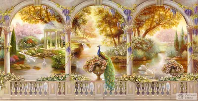 Фотообои \"Сказочный сад с прудом и птицами\" - Арт. 501659 | Купить в  интернет-магазине Уютная стена
