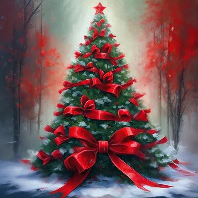 Новогодняя елка с красными бантами» — создано в Шедевруме