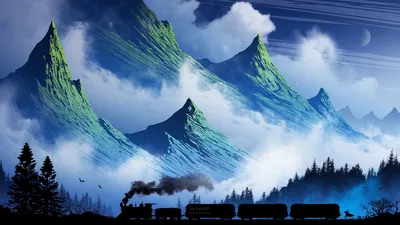 Обои поезд, горы, арт, туман, дым картинки на рабочий стол, фото скачать  бесплатно