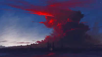 Обои на рабочий стол Пейзаж закатного неба с большим красным облаком,  digital art by BisBiswas, обои для рабочего стола, скачать обои, обои  бесплатно