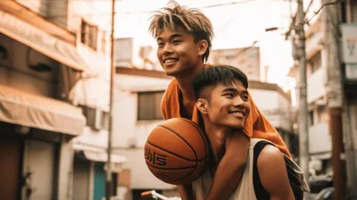 двое азиатских мужчин обнимают свой футбол и баскетбол на улице, молодой  человек в баскетболе, Hd фотография фото, баскетбол фон картинки и Фото для  бесплатной загрузки