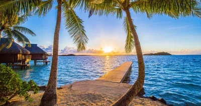 Фон рабочего стола где видно Обои на рабочий стол Bora bora, Французская  Полинезия, мостик, пейзаж, закат солнца, пальмы, берег, пляж, причал, Тихий  океан