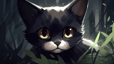 иллюстрация черной кошки лежащей в высокой траве, неко картина, счастливый,  кошка фон картинки и Фото для бесплатной загрузки