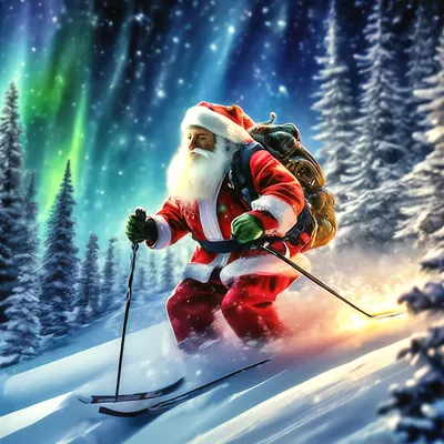 Дед Мороз на лыжах в зимнем лесу…» — создано в Шедевруме