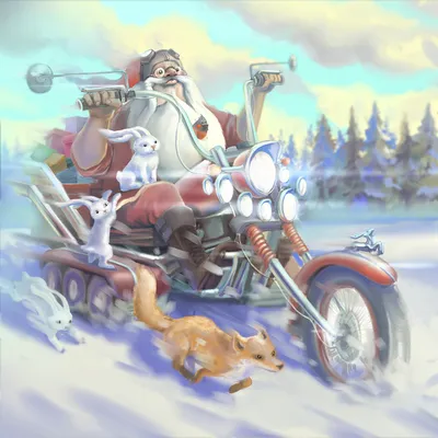 Наклейка на авто Дед Мороз на мотоцикле машину виниловая - матовая,  глянцевая, светоотражающая, магнитная, металлизированная