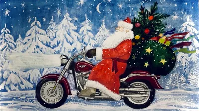 Мужская футболка «Дед Мороз с подарками на байке. Новый год» цвет  темно-синий - дизайнер принта mnogoarta