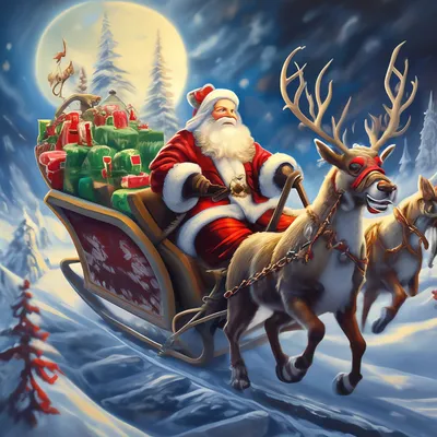Дед мороз в санях с оленями.» — создано в Шедевруме