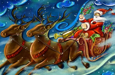 Раскраска «Дед Мороз в упряжке с оленями»