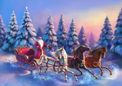 Скачать обои Широкоформатные Марина Федотова, Новый год, Дед Мороз,  снегурочка, тройка лошадей на рабочий стол 1440x900