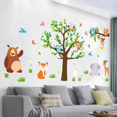 Купить Наклейки на стену с изображением лесного зоопарка, детские  декоративные наклейки с животными, наклейки на оконное стекло,  электростатические декоративные наклейки с изображением | Joom