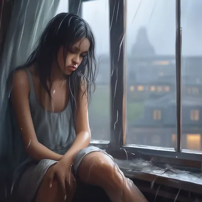 Дождливый день: Девушка сидя на окне Стоковое Фото - изображение  насчитывающей окно, нажатие: 50717652