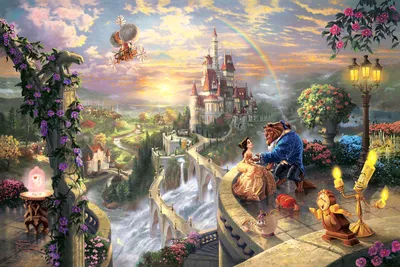 Обои на рабочий стол Картина Красавица и Чудовище / Beauty and the Beast из  коллекции Диснеевские Мечты / Disney Dreams, художник Томас Кинкейд /  Thomas Kinkade, обои для рабочего стола, скачать обои, обои бесплатно