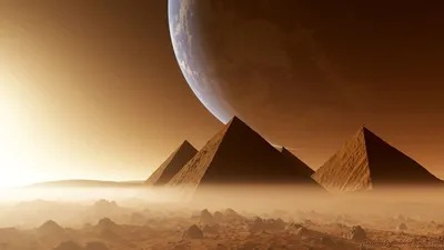 Обои на рабочий стол Великие пирамиды, Египет, восход солнца, пустыня,  большая планета в небе, рендеринг, Kaiser Prime, обои для рабочего стола,  скачать обои, обои бесплатно