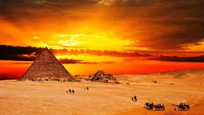 Обои на рабочий стол Скульптура Большого Сфинкса и пирамиды Хеопса, Египет  / The Great Sphinx and pyramid of Cheops, Egypt, обои для рабочего стола,  скачать обои, обои бесплатно