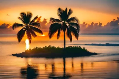 Пальмы на маленьком острове с красивым закатом на заднем плане | Премиум  Фото