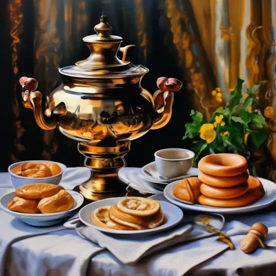 Золотой русский самовар с Kdeprint чая и сладкие блюда на столе на открытом  воздухе Стоковое Фото - изображение насчитывающей бак, напольно: 169031456