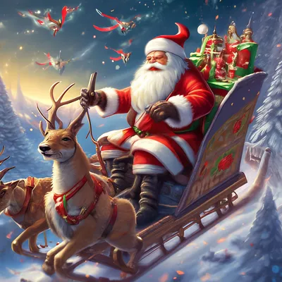 Санта клаус на санях с семью …» — создано в Шедевруме