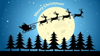 Санта Клаус летит в санях с подарками и оленями в небе. Зимний отдых  Векторное изображение ©OleksandrMalysh 322410728