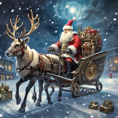 Санта клаус на санях с оленем везёт подарки - обои на рабочий стол