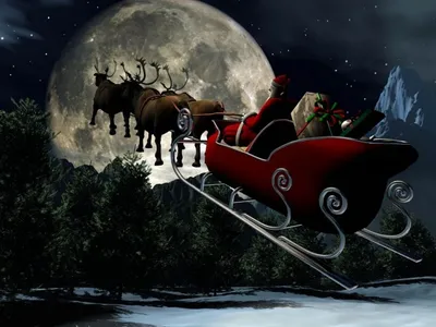 Обои на рабочий стол Санта Клаус / Santa Claus в санях, запряженных оленями  пролетает над домами на фоне луны, обои для рабочего стола, скачать обои,  обои бесплатно