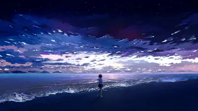 Canvas. Тян на пляже, аниме, девушки, море, побережье, рисованное, синее х  - Обои для рабочего стола