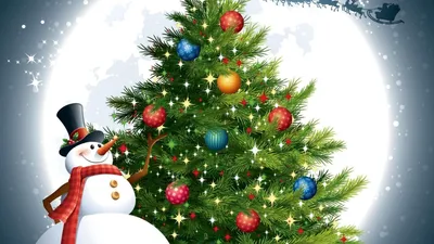 Обои шары, christmas tree, happy, украшения, елки, снег, decoration, night  на рабочий стол