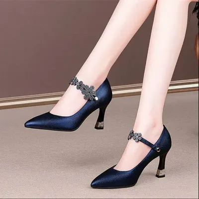 Женские милые красивые туфли на высоком каблуке с украшением из кристаллов  и цветов для ночного клуба, женские модные темно-синие туфли на каблуке,  женские туфли B233 | AliExpress