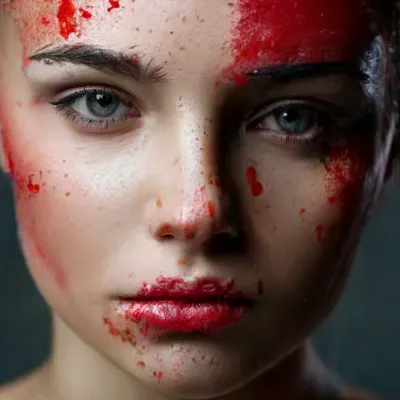 Девушка мистического героя кровавая с кровью на ее лице на темном фоне  Стоковое Фото - изображение насчитывающей масленица, потек: 191425434