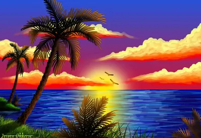 Картинки море пальмы закат фото