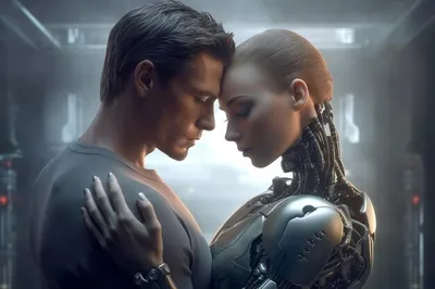 Любовные отношения между человеком и роботом связь человеческих чувств  будущее отношение женский андроид киборг робот искусственный интеллект  роботизация и автоматизация генеративный ии | Премиум Фото