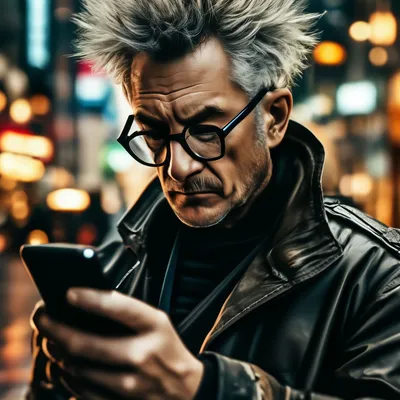 Очкастый дед пялится в мобилу» — создано в Шедевруме