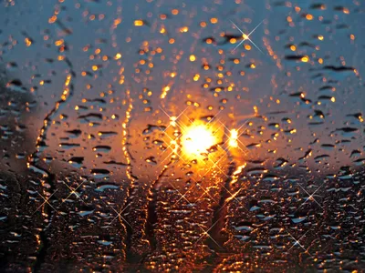 Обои стекло, капли, солнце, дождь, закат на рабочий стол